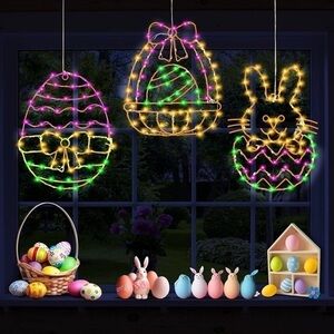 NWT 3 Pcs 12" Easter Egg Bunny Window Lights Spring Silhouette Light Decorations
